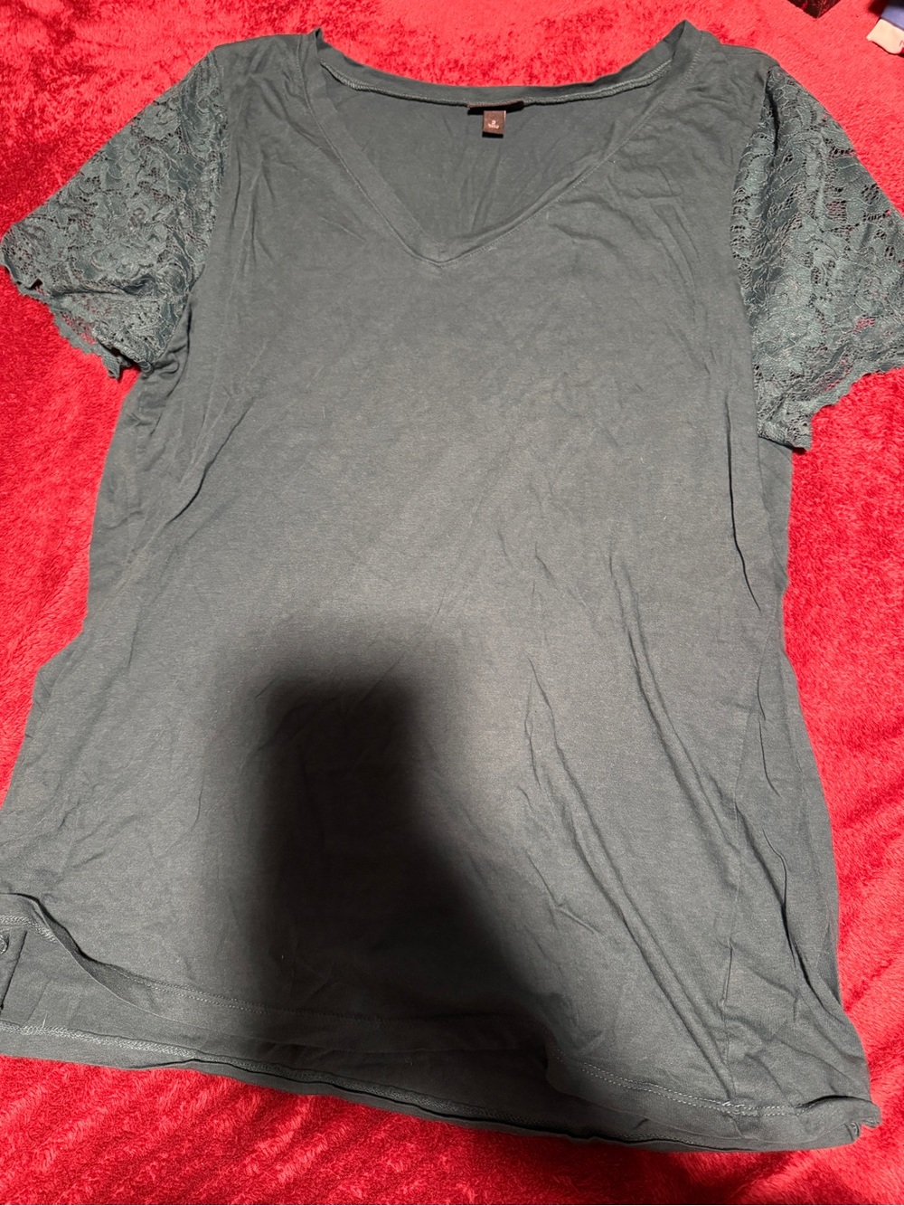 Lace Sleeve V-Neck Women's Top - teal
